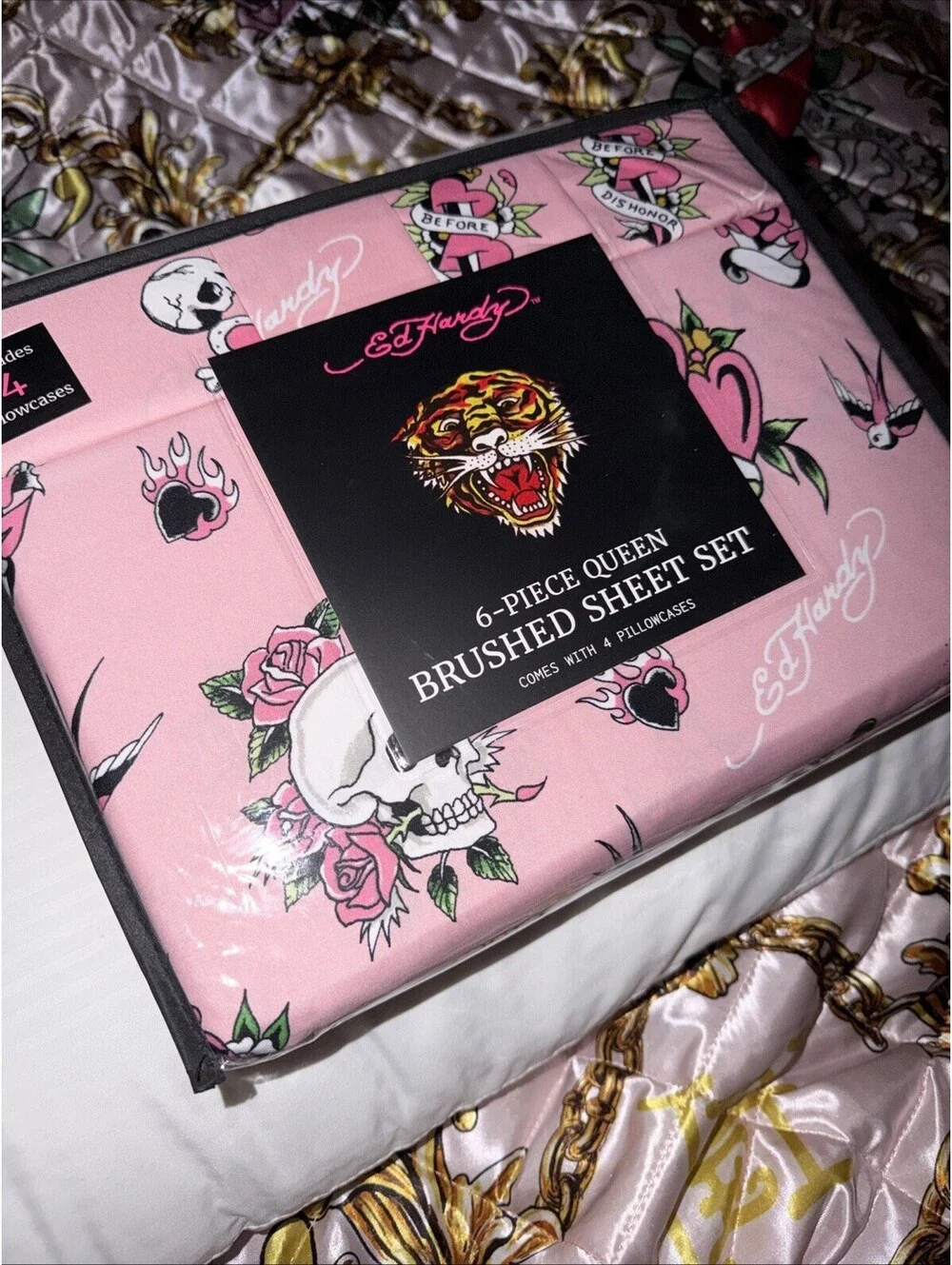 ED HARDY Queen Pink Sheet Set 6pc New Flowers Skull Roses Heart Grunge Y2K